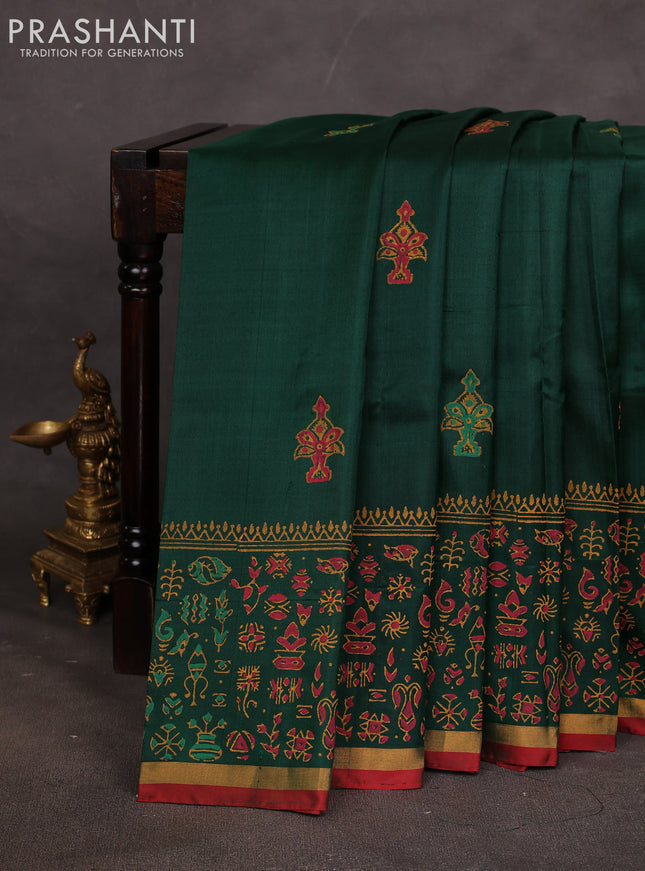 Uppada block printed saree green and red with butta prints and long printed zari border
