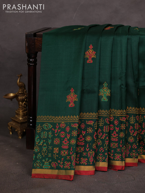 Uppada block printed saree green and red with butta prints and long printed zari border