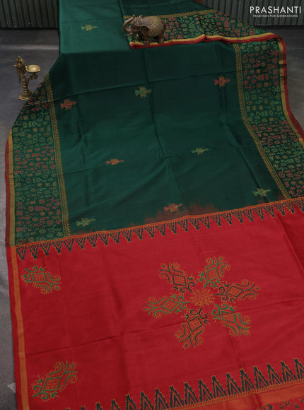 Uppada block printed saree green and red with butta prints and long printed zari border