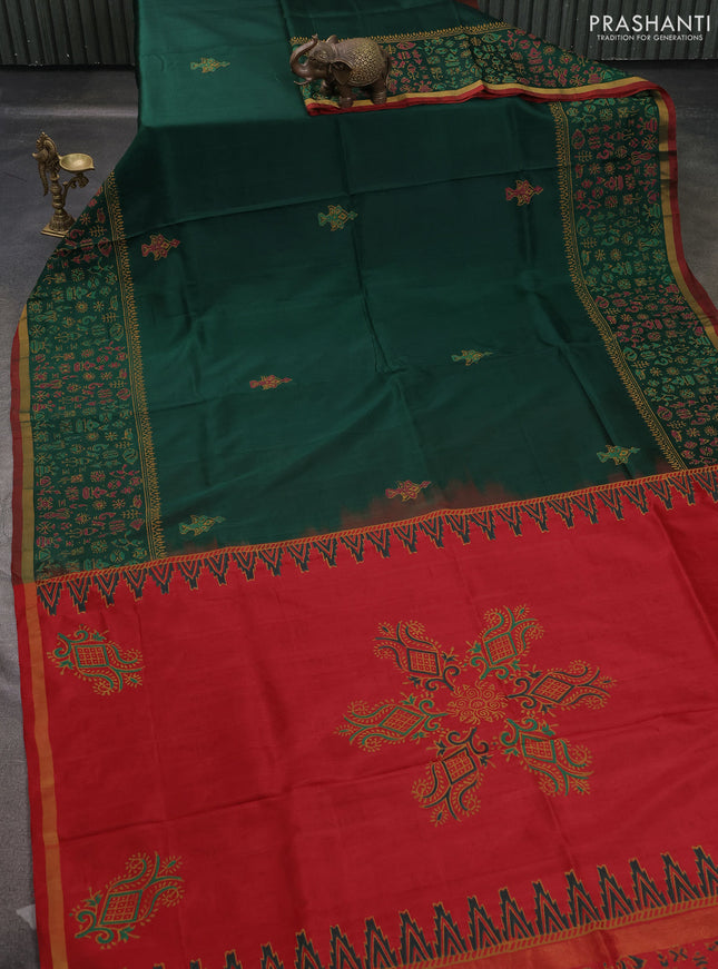 Uppada block printed saree green and red with butta prints and long printed zari border