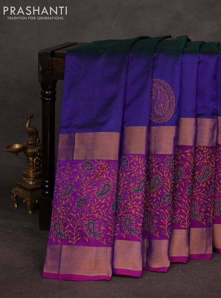 Uppada block printed saree blue and purple with paisley butta prints and long rettapet zari woven printed border