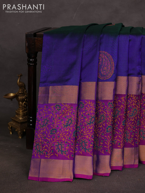 Uppada block printed saree blue and purple with paisley butta prints and long rettapet zari woven printed border