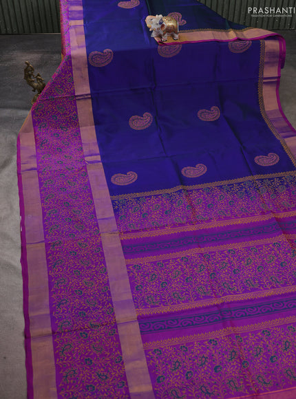 Uppada block printed saree blue and purple with paisley butta prints and long rettapet zari woven printed border