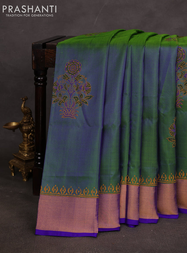 Uppada block printed saree dual shade of bluish green and royal blue with butta prints and zari woven border