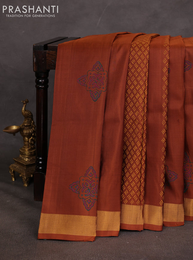 Uppada block printed saree rust shade with geometric prints and zari woven border