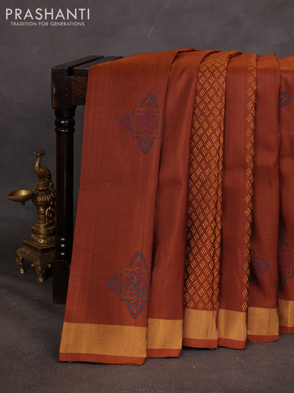 Uppada block printed saree rust shade with geometric prints and zari woven border