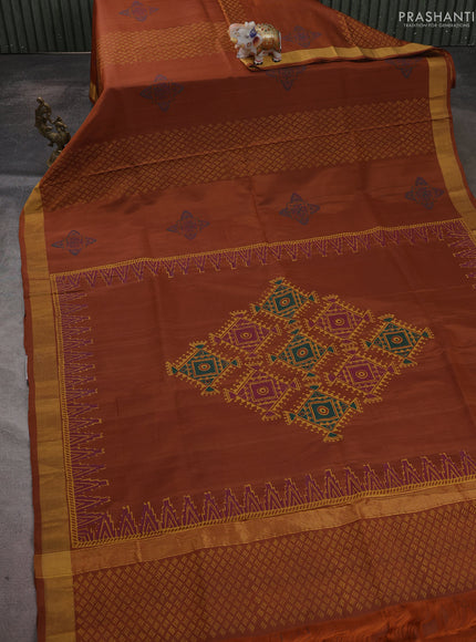 Uppada block printed saree rust shade with geometric prints and zari woven border