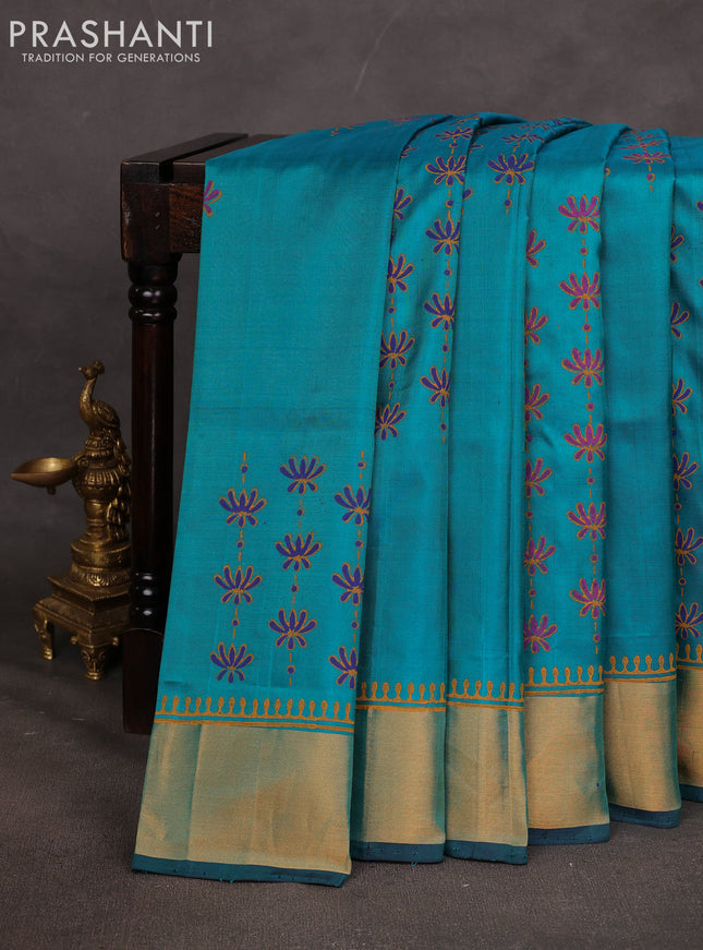 Uppada block printed saree teal green shade and dark blue with prints and zari woven border