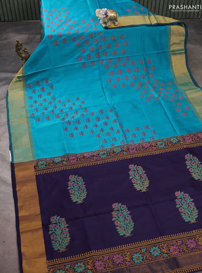 Uppada block printed saree teal green shade and dark blue with prints and zari woven border