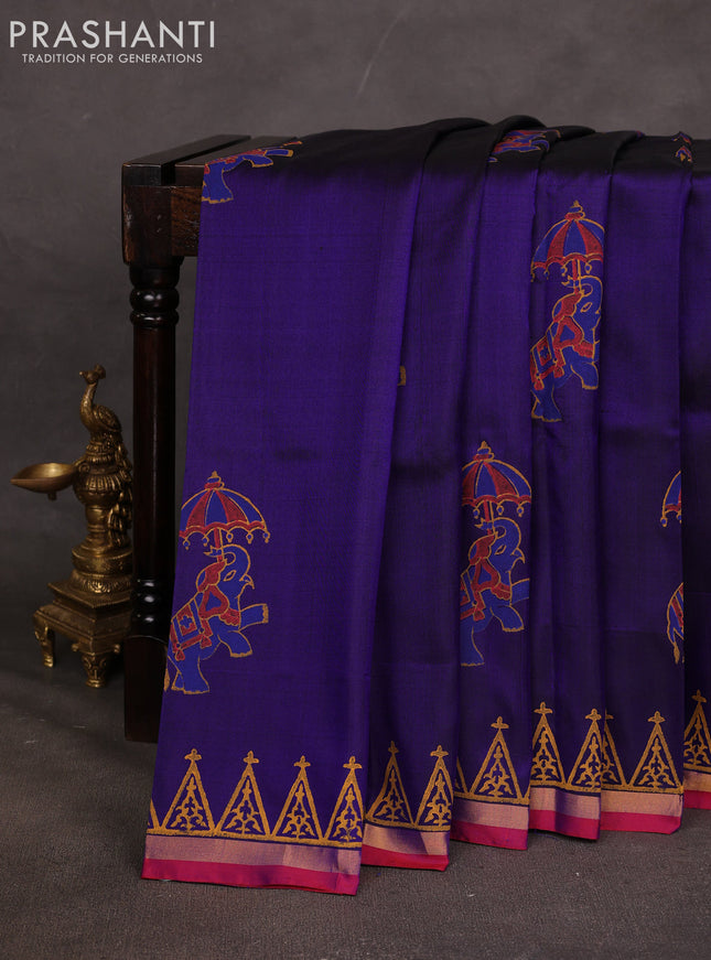 Uppada block printed saree blue and red with elephant butta prints and small zari woven border