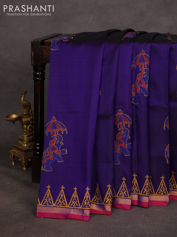 Uppada block printed saree blue and red with elephant butta prints and small zari woven border