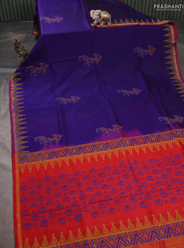 Uppada block printed saree blue and red with elephant butta prints and small zari woven border