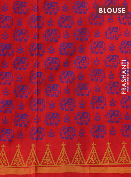 Uppada block printed saree blue and red with elephant butta prints and small zari woven border