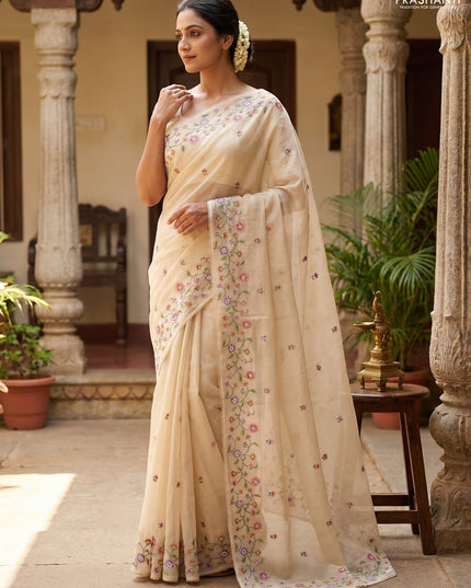 Kota silk saree sandal with embroidery work and floral convent embroidery border