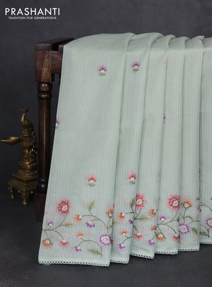 Kota silk saree pastel green with embroidery work and floral convent embroidery border