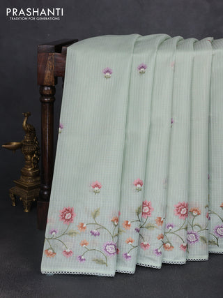 Kota silk saree pastel green with embroidery work and floral convent embroidery border