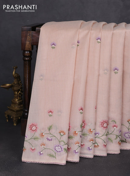 Kota silk saree pastel peach with embroidery work and floral convent embroidery border