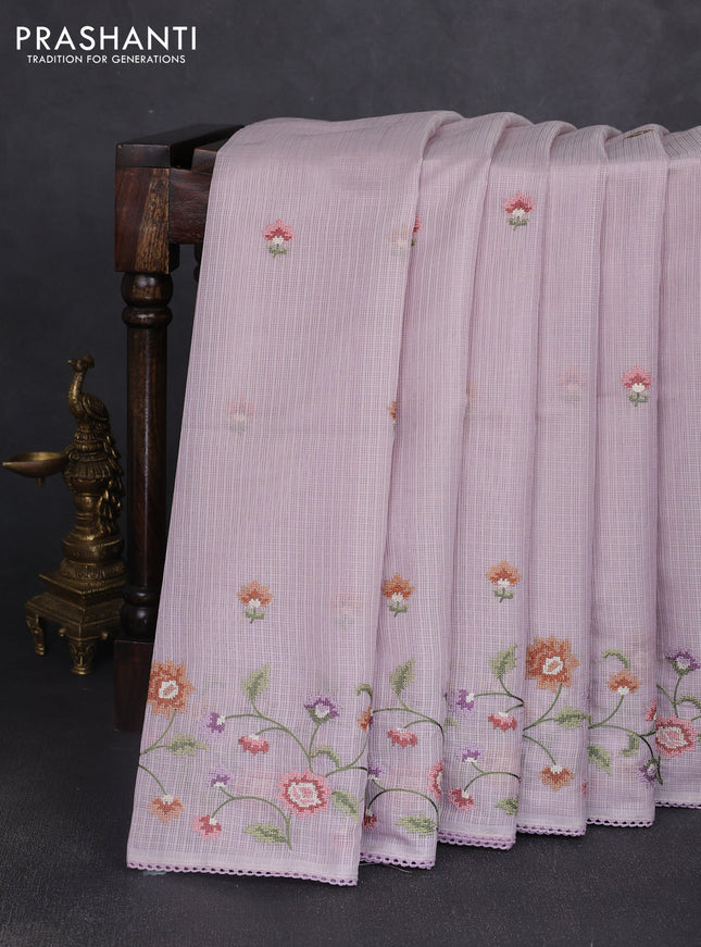 Kota silk saree mild lavender with embroidery work and floral convent embroidery border