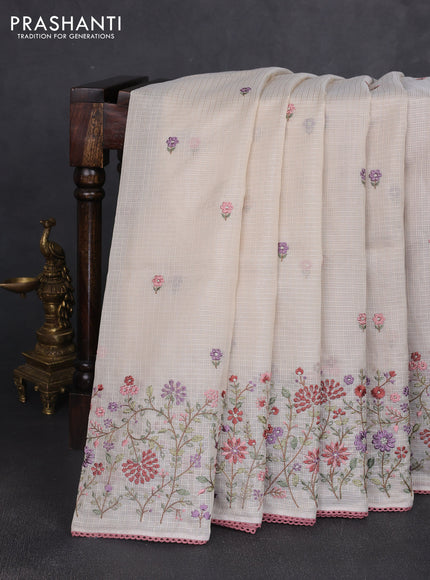 Kota silk saree beige and dark peach with embroidery work and floral embroidery corcia lace border