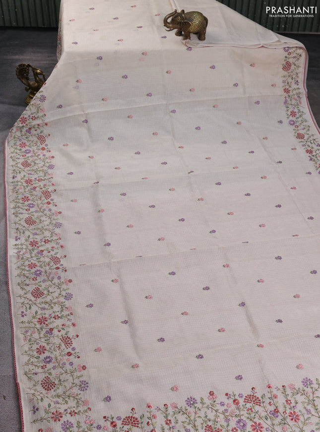 Kota silk saree beige and dark peach with embroidery work and floral embroidery corcia lace border