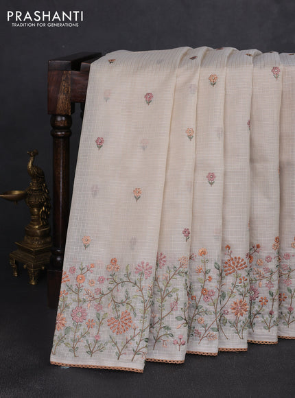 Kota silk saree beige and rust shade with embroidery work and floral embroidery corcia lace border