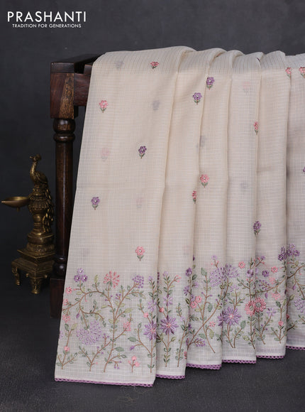 Kota silk saree beige and lavender with embroidery work and floral embroidery corcia lace border