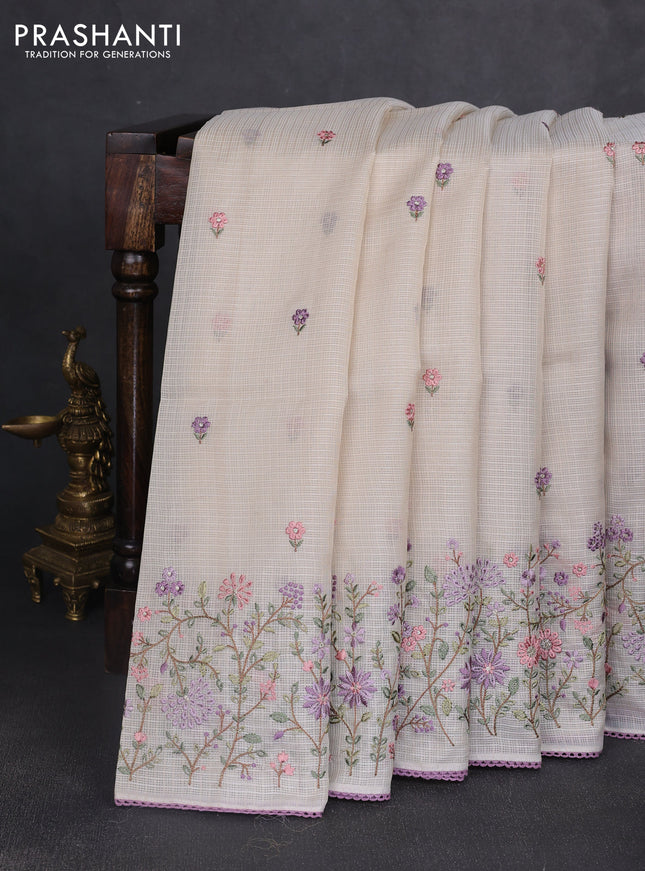 Kota silk saree beige and lavender with embroidery work and floral embroidery corcia lace border