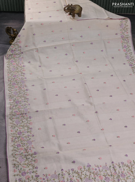 Kota silk saree beige and lavender with embroidery work and floral embroidery corcia lace border