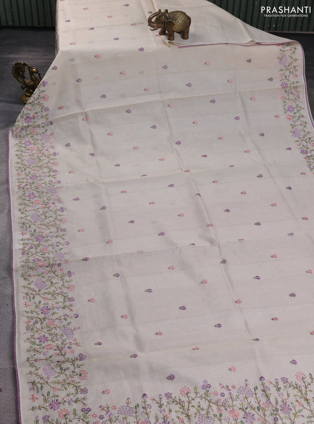 Kota silk saree beige and lavender with embroidery work and floral embroidery corcia lace border