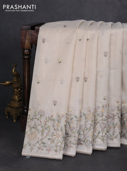 Kota silk saree beige and sandal with embroidery work and floral embroidery corcia lace border