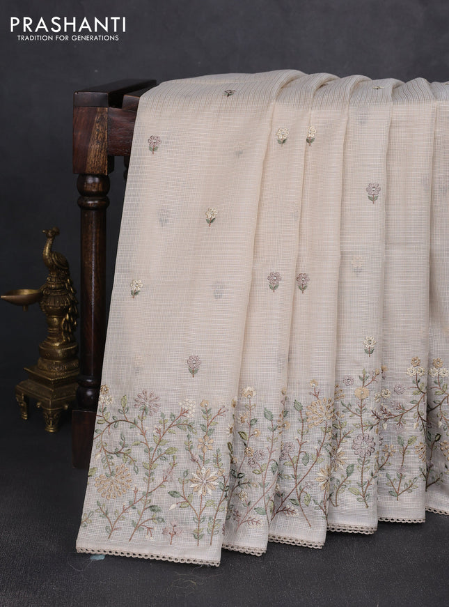 Kota silk saree beige and sandal with embroidery work and floral embroidery corcia lace border