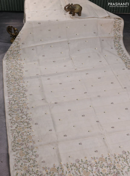 Kota silk saree beige and sandal with embroidery work and floral embroidery corcia lace border