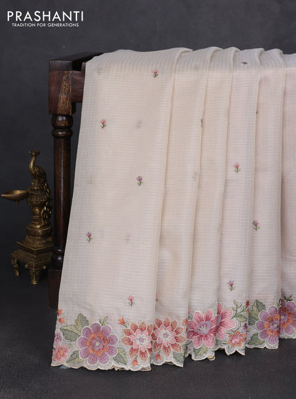 Kota silk saree beige and mild peach pink with embroidery work and floral embroidery border
