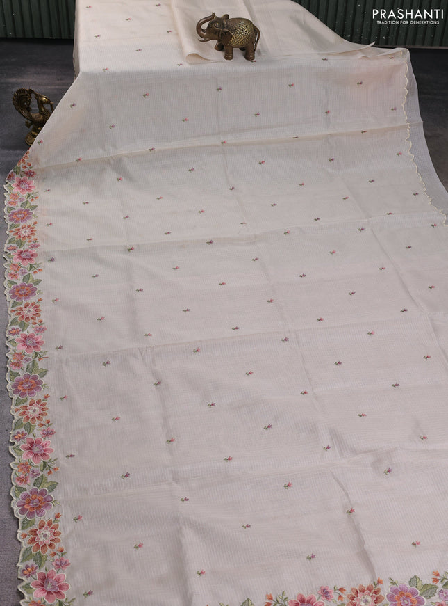 Kota silk saree beige and mild peach pink with embroidery work and floral embroidery border