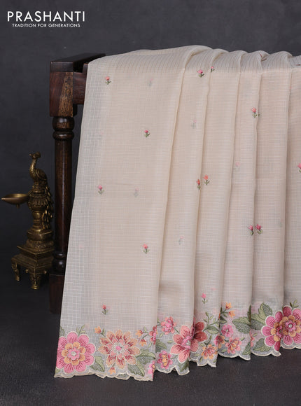 Kota silk saree beige and pale orange with embroidery work and floral embroidery border