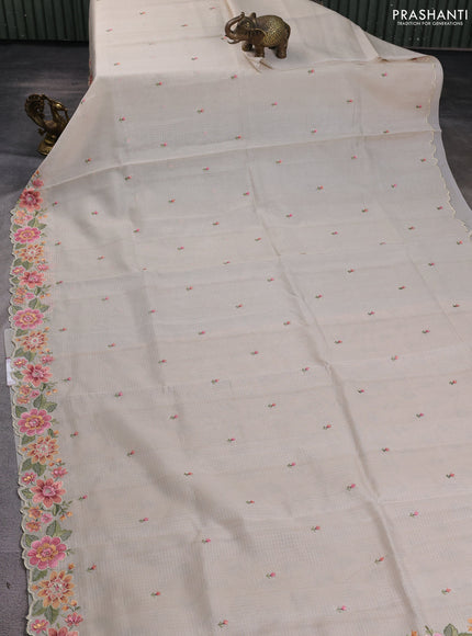 Kota silk saree beige and pale orange with embroidery work and floral embroidery border