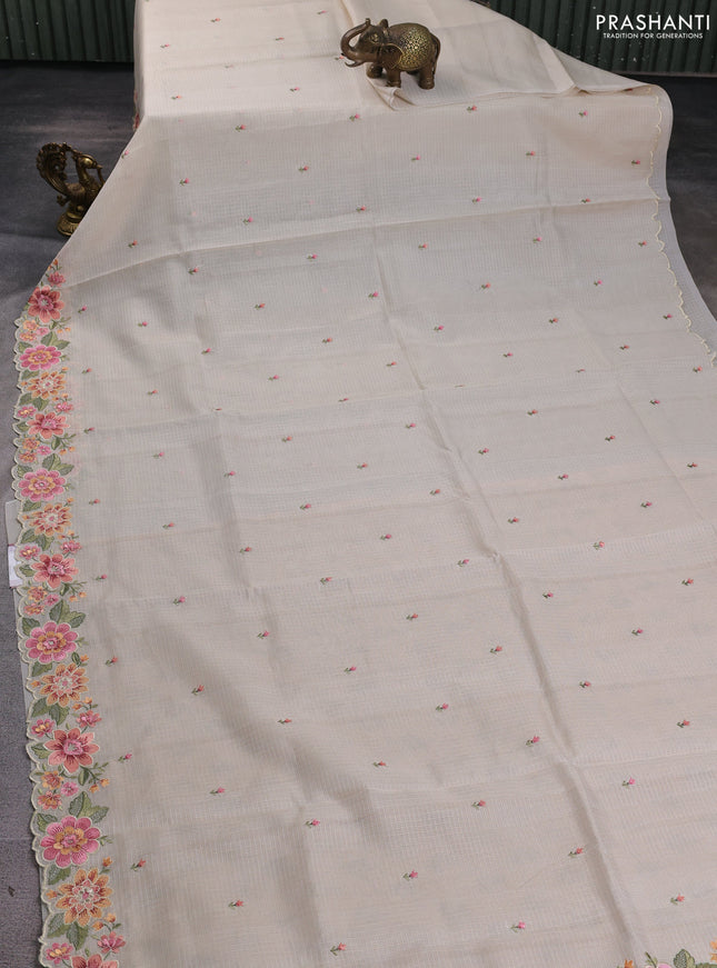 Kota silk saree beige and pale orange with embroidery work and floral embroidery border