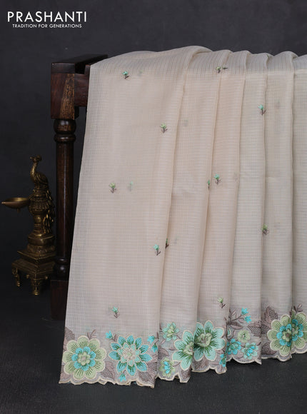 Kota silk saree beige and pista green with embroidery work and floral embroidery border