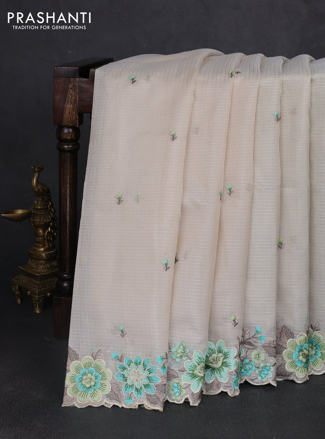 Kota silk saree beige and pista green with embroidery work and floral embroidery border