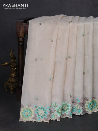 Kota silk saree beige and pista green with embroidery work and floral embroidery border
