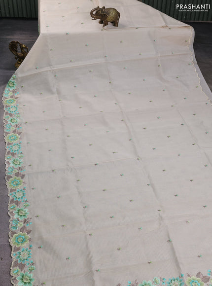 Kota silk saree beige and pista green with embroidery work and floral embroidery border