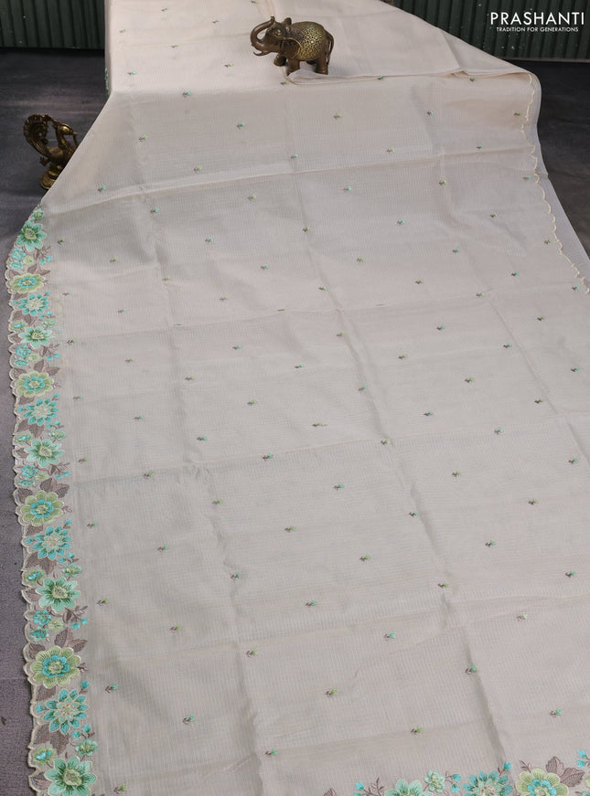 Kota silk saree beige and pista green with embroidery work and floral embroidery border