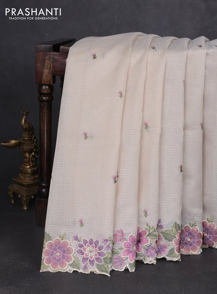 Kota silk saree beige and mild lavender with embroidery work and floral embroidery border