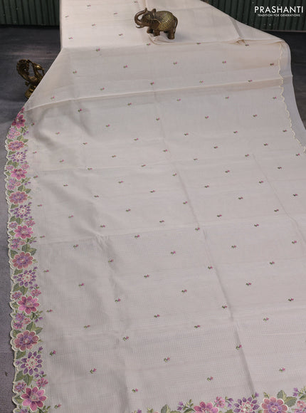 Kota silk saree beige and mild lavender with embroidery work and floral embroidery border