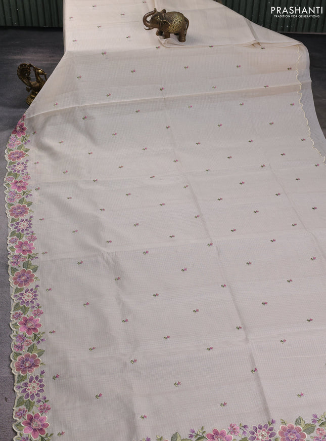 Kota silk saree beige and mild lavender with embroidery work and floral embroidery border