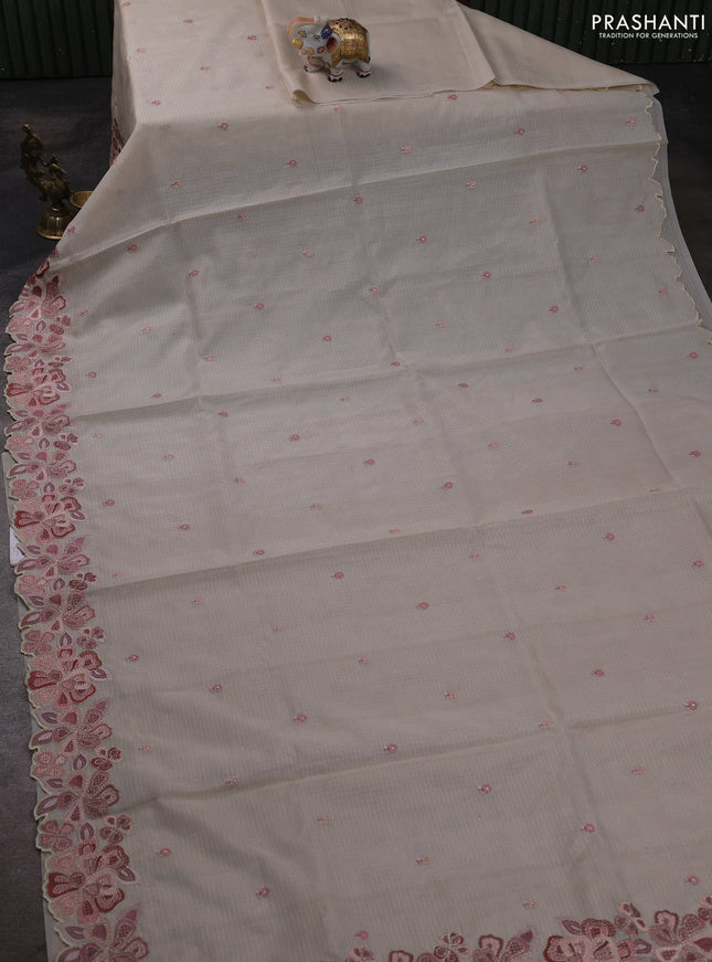 Kota silk saree beige and peach shade with embroidery work and embroidery border