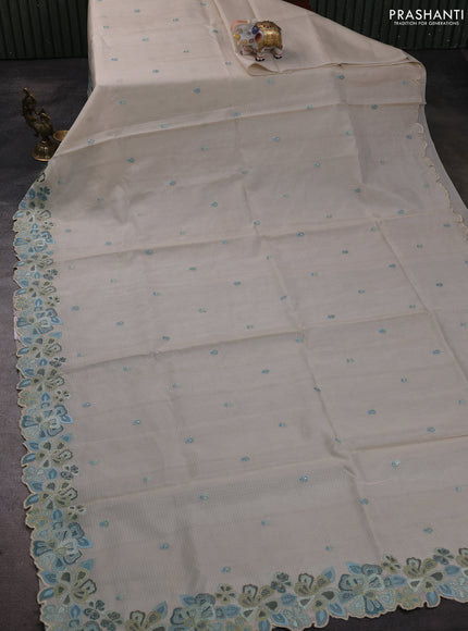 Kota silk saree beige and light blue with embroidery work and embroidery border