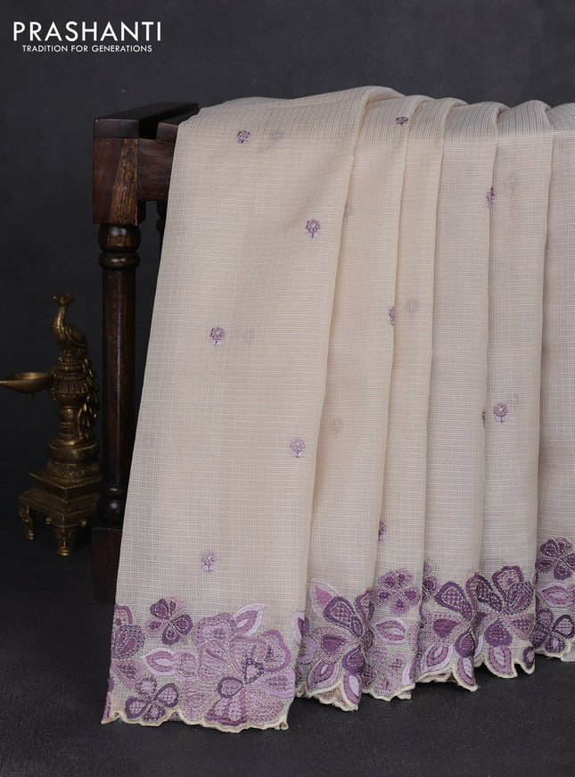 Kota silk saree beige and lavender with embroidery work and embroidery border