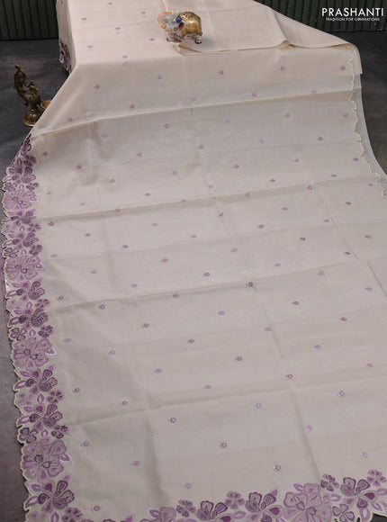 Kota silk saree beige and lavender with embroidery work and embroidery border
