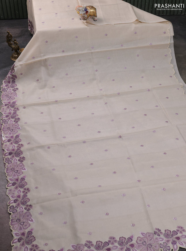 Kota silk saree beige and lavender with embroidery work and embroidery border
